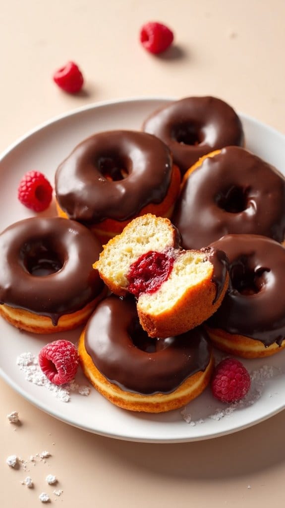 raspberry chocolate glazed donuts